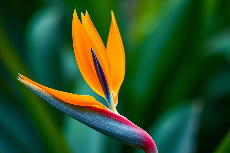 Regenerate an image of a vivid bird of paradise flower with a blurred green background, shot with a Canon EOS R5, using a 100mm macro lens, aperture f/2.8, ISO 100, and a shallow depth of field to enhance vivid colors and detail.