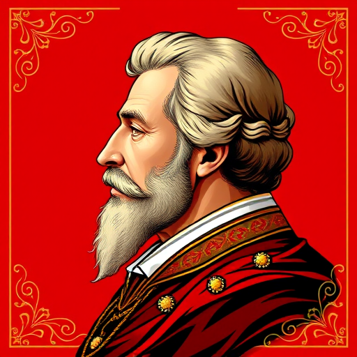 Create a high-resolution vector illustration of a historical figure in profile, with a red background and gold accents, using a DSLR camera with a 50mm lens at f/1.8, ISO 100, shot in natural light to enhance contrast and clarity.