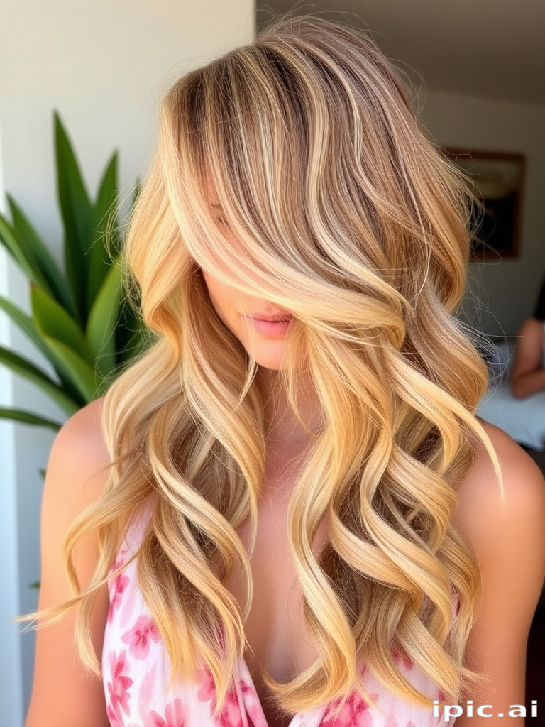 Golden honey blonde hair styled in loose, tousled curls with sun-kissed highlights, the Sunlit Siren style embodies carefree elegance and natural radiance