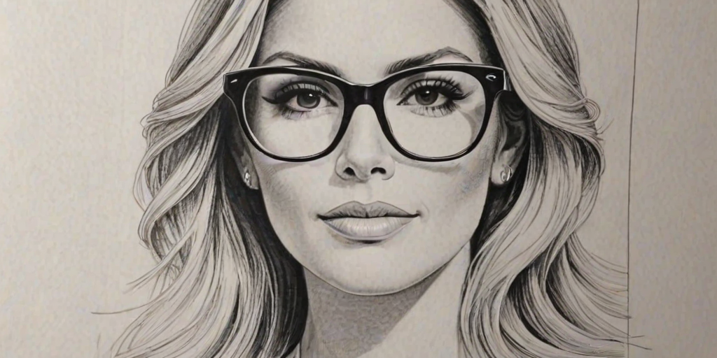 Elegant Brandi Glanville, pencil sketch, portrait of Comely woman 1967s in glasses, hair style beatnik, outline, clear lines, fine lines, 8k