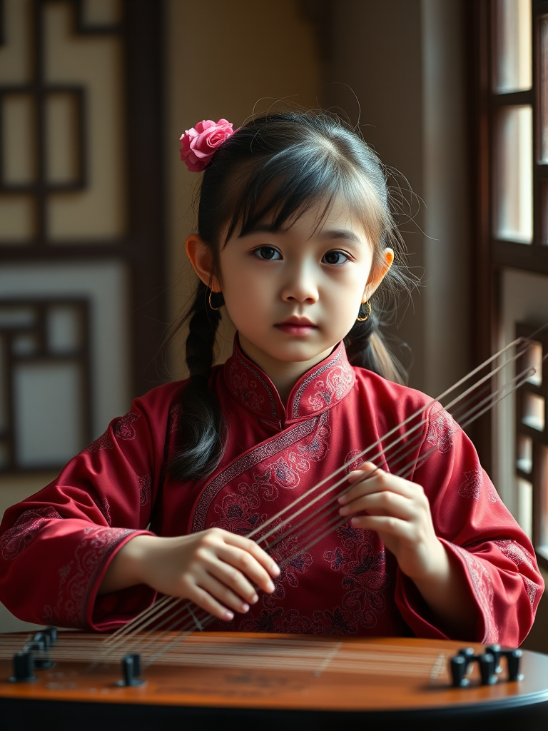 portrait of a young girl playing a guzheng instrument in traditional clothing, soft natural light, window backdrop, aperture f/2.8, shutter speed 1/60s, ISO 200, Canon EOS R, 50mm lens, shallow depth of field