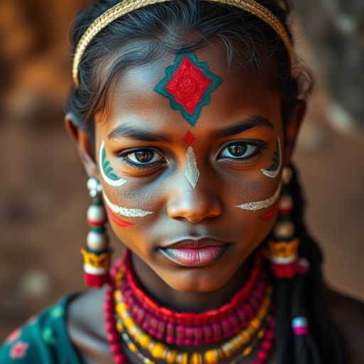 portrait of a young woman with intricate tribal face paint and traditional jewelry, captured in natural light with a shallow depth of field, using a 50mm lens at f/1.8, ISO 100, 1/200 sec, DSLR camera, vibrant colors and sharp details, slightly off-center composition with rich earthy background.