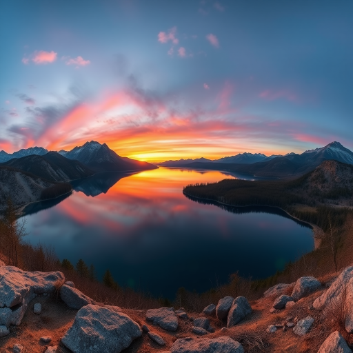 Create a high-resolution image of a serene landscape featuring a calm lake surrounded by mountains during sunset, captured with a DSLR camera at f/8 aperture, 1/125 second shutter speed, ISO 200, 24mm lens, wide-angle view, using natural lighting to enhance colors and details.