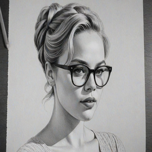 Lovely Abbie Cornish, pencil sketch, portrait of Resplendent woman 1956s in glasses, hair style beatnik, outline, clear lines, fine lines, 8k