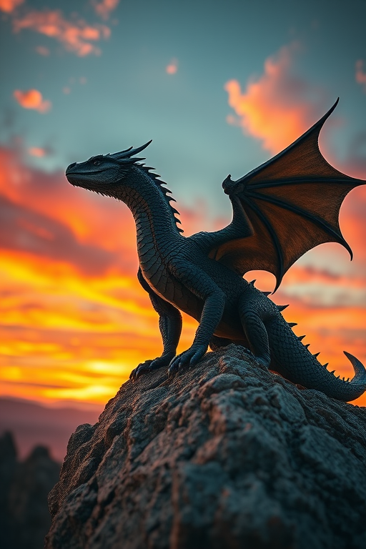 A majestic dragon perched on a rocky outcrop against a vibrant sunset sky, capturing intricate details of its scales and wings, shot with a Canon EOS 5D Mark IV, 50mm lens, f/2.8 aperture, ISO 100, and a dramatic low-angle view for enhanced perspective.