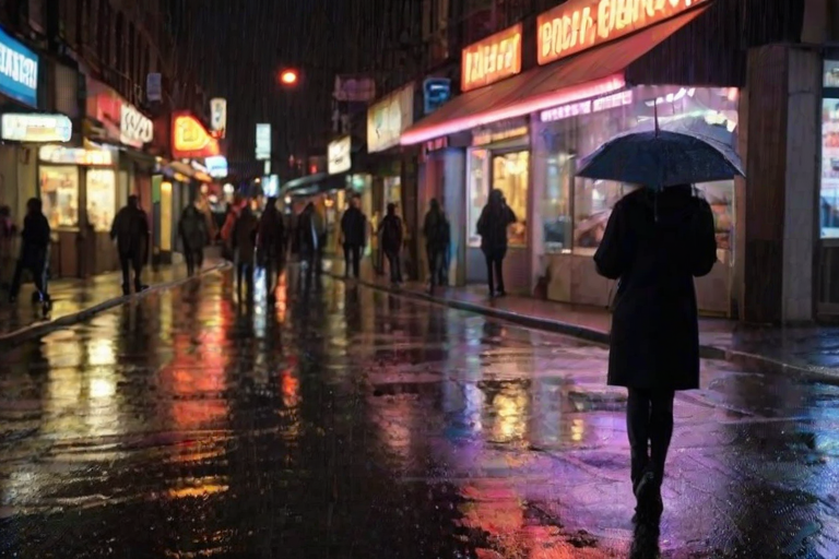 Busy street during a rainy evening, umbrellas dot the crowd, reflecting neon lights on the wet pavement, a woman stands under a storefront awning, watching the cars pass by.