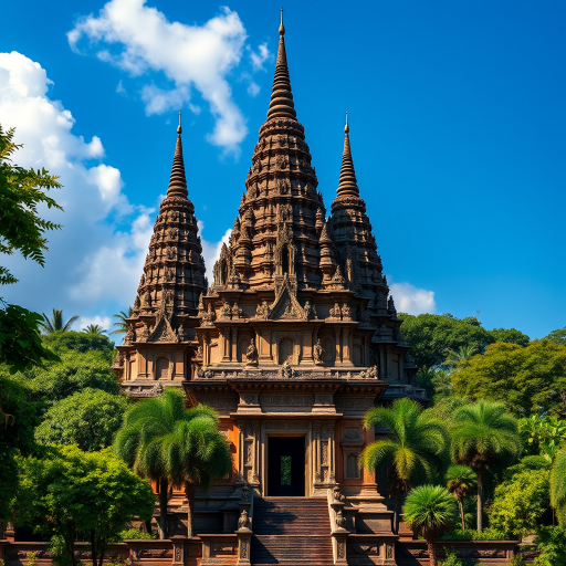 high-resolution image of a majestic ancient temple with intricate architecture, three towering spires, lush greenery surrounding it, bright blue sky with fluffy clouds, shot with a Canon EOS R5 at f/8, 1/200s, ISO 100, wide-angle lens, vibrant colors, clear details, soft lighting