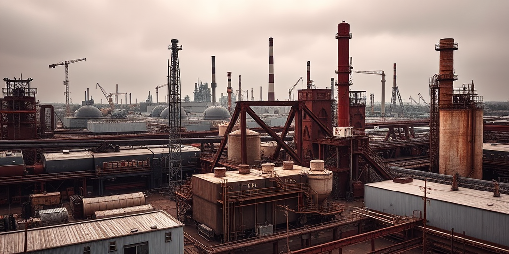 industrial complex in a desaturated color palette, captured with a Canon EOS R5, 24mm lens, f/8 aperture, ISO 100, 1/125 sec shutter speed, wide angle view, HDR style for enhanced detail and dynamic range.