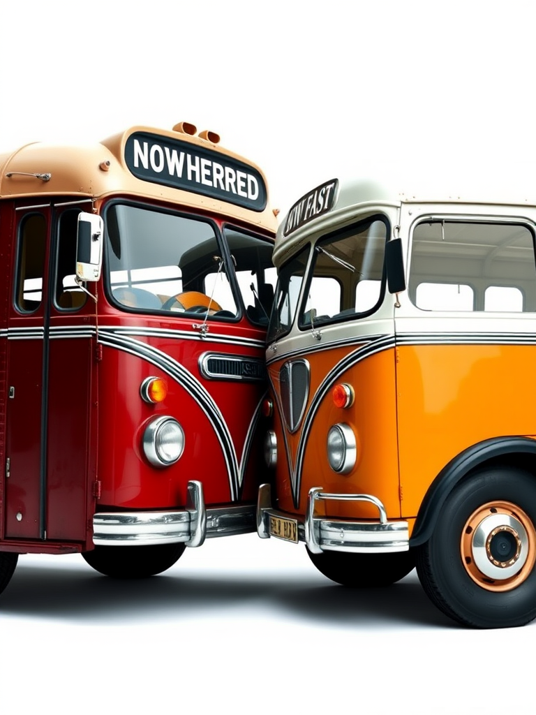 Create a high-resolution image of two vintage buses facing each other, one labeled "NOWHERE" and the other "FAST", with a clean white background, using a DSLR camera with a 50mm lens, aperture set to f/2.8 for shallow depth of field, ISO at 100 for clarity, and a slight vignetting effect to enhance focus on the buses.