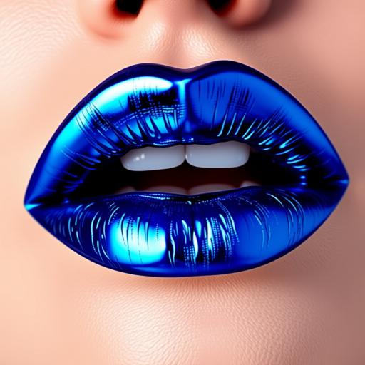 Bold electric blue lips with metallic sheen, sharp angular contours, dramatic overlined edges, daring and avant-garde Sapphire Voltage design