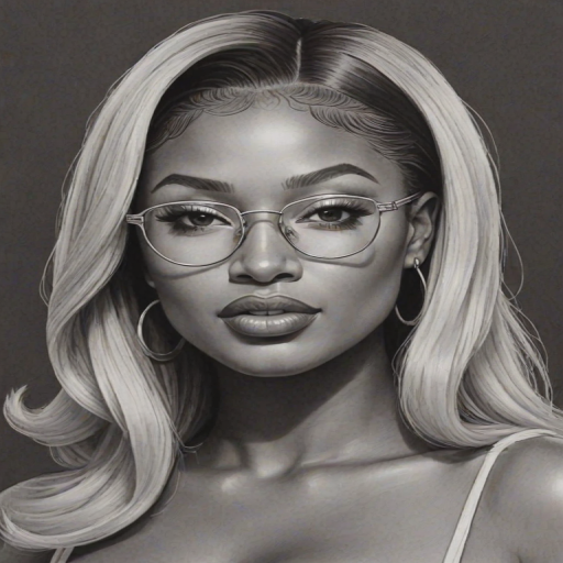 Dazzling Megan Thee Stallion, pencil sketch, portrait of Radiant woman 1955s in glasses, hair style beatnik, outline, clear lines, fine lines, 8k