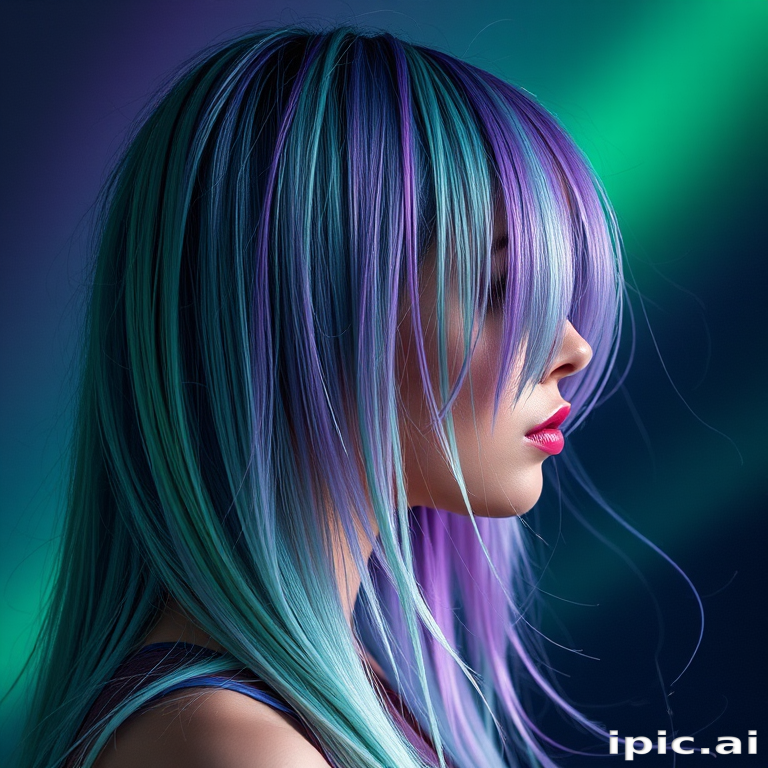 Mystical image of a person with Aurora Borealis locks, shimmering greens and purples in a long, straight cut with wispy, floating tendrils