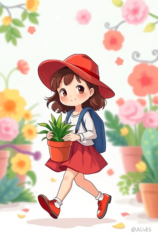 Create a vibrant illustration of a young girl wearing a red hat, walking while holding a potted plant, in a bright and cheerful style, using a digital drawing technique with a resolution of 300 DPI, camera view set to portrait, and utilizing a soft focus for a whimsical effect.