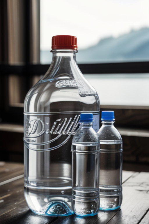 distilled water in glass bottles