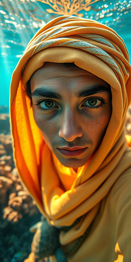 Realistic selfie image of a Sahrawi, wearing a vintage outfit, detailed dreamy eyes, droopy hooded eyes, staring at the camera, taken underwater at coral reef with a sunbeam filtering through the water, vibrant, summer vacation, natural lighting, turtle and school of tropical fish with vibrant colors, rendered in the style of CryEngine, Pegi Nicol MacLeod, with realistic genre scenes, hauntingly beautiful narratives, ultra-realism, and Thomas Saliot's close-up technique, 8K resolution, crystal clear and sparkling water.