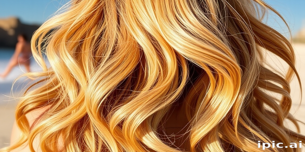 Sunlit Honey Harvest glows with golden blonde tresses interwoven with caramel and amber highlights, styled in voluminous beach waves that capture the essence of summer