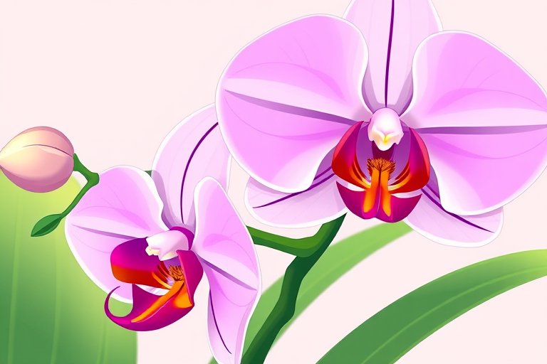 Create an illustration of two stylized orchids with elongated leaves, focus on intricate details and soft shading, camera settings: f/2.8, ISO 100, shutter speed 1/200s, camera view: macro perspective, camera style: vibrant color enhancement, camera type: DSLR.