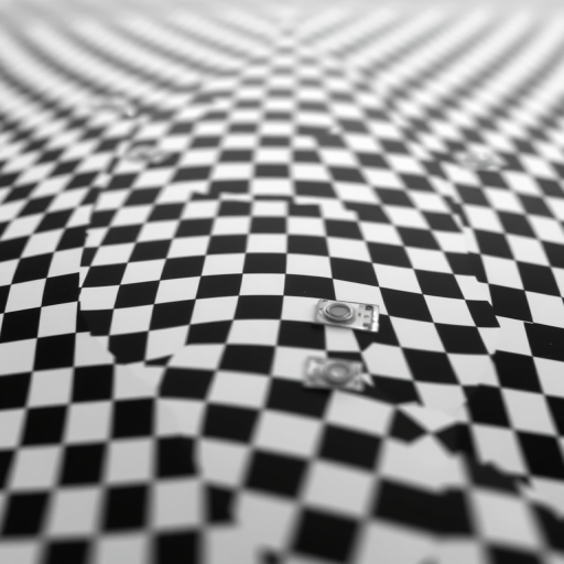 Generate a high-resolution image of an oval-shaped surface covered in a distorted black and white checkerboard pattern, using a DSLR camera with a 50mm lens, aperture set to f/8, ISO 100, and a slight tilt-shift effect to enhance depth perception.
