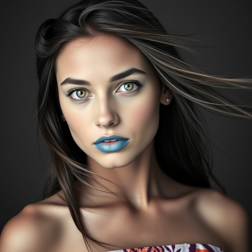Photographic image of a beautiful young Guarani woman, white eyes, lips with cyan lipstick, long hair fluttering in the wind and wearing a silk strapless dress with a soft purple and orange print. monochrome image with only color highlights in the iris of the eyes, lipstick and dress. Gray background.