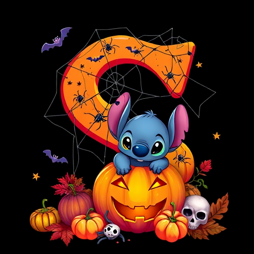 A whimsical and vibrant Halloween-themed digital illustration featuring the letter "S" adorned with spider webs, small bats, and cute spiders. At the base of the letter, a playful alien character similar to Stitch is peeking out from inside a carved pumpkin with glowing eyes, surrounded by additional pumpkins, a small skull, and autumn leaves. The letter is gradient-colored from orange to purple, adding a magical atmosphere to the scene, black background