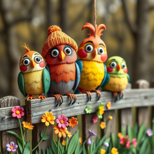create a scene of 4 quirky  whimsical colourful comical birds each with a funny expression. they are sat on a wooden fence with colourful flowers. they are all different sizes. each one is a different colour  one is wearing a woolly hat. Each one has a different quirky google expression and there is a muted background of trees watercolour paintierly style high definition 8k resolution 3D paper mache