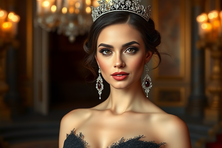 A gorgeous Caucasian woman in a luxurious black gown, accessorized with a dazzling tiara and statement earrings, her deep brown eyes highlighted by impeccable makeup, poised in a royal setting, photorealistic, 8K quality