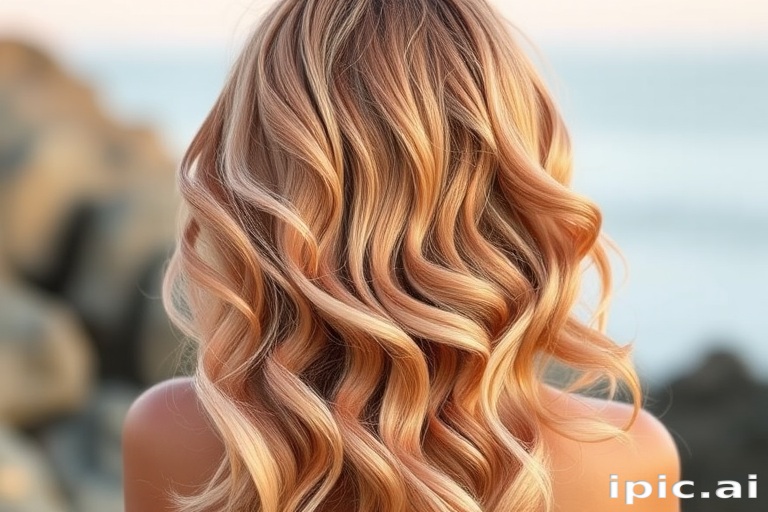 Soft rose gold waves cascading down to the mid-back, styled in loose beach curls with subtle hints of peach and champagne tones, creating a romantic and sun-kissed glow named Blush Sunset