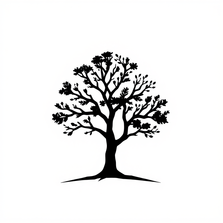 Generate an abstract black icon on a white background featuring a stylized tree, captured with a Canon EOS R5, 50mm lens, aperture f/1.8, ISO 100, shutter speed 1/125s, shot from a slightly elevated angle for depth, using a high-contrast monochrome style to enhance clarity.
