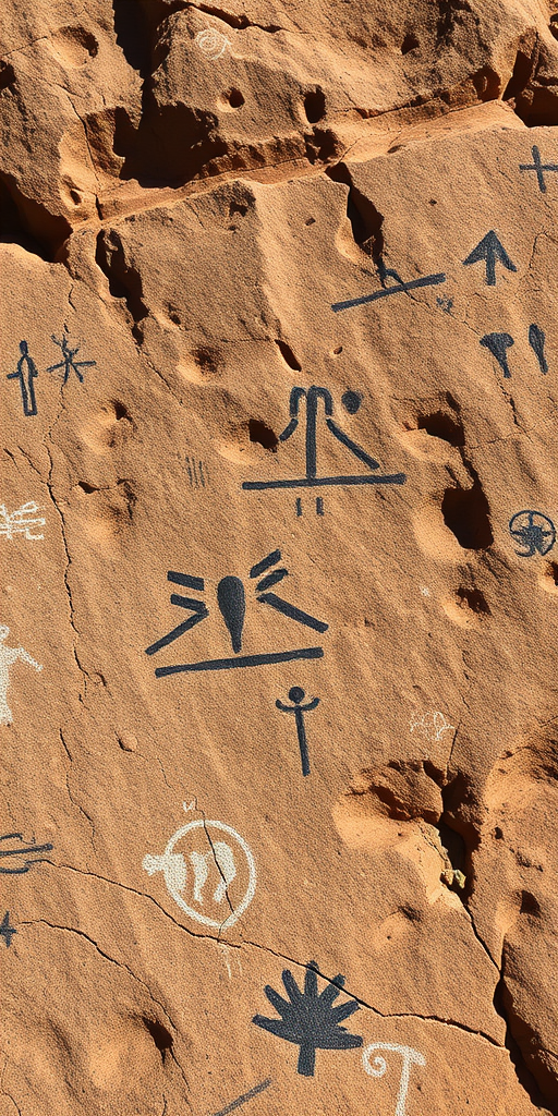 Create an image of ancient petroglyphs on a textured rock surface, using a Canon EOS R5 with a 50mm f/1.2 lens, at aperture f/4, ISO 100, shooting in natural light from a slightly elevated angle to enhance depth and detail.