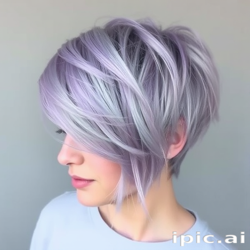 Ethereal lavender gray hair in a textured pixie cut, created by Misty Twilight, showcasing a soft, wispy finish with subtle lilac highlights and delicate silver leaf accents