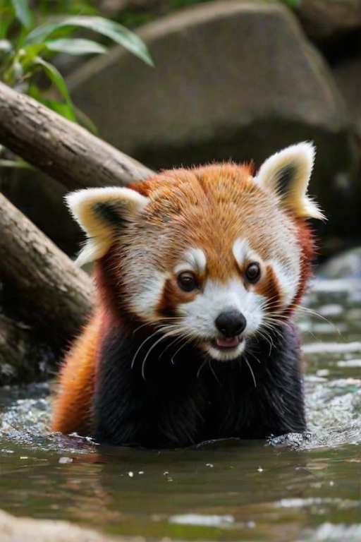 redpanda, cute, river, bathing