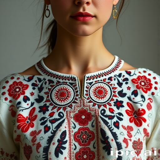Face, shoulders, chest covered in openwork Ukrainian embroidery. Raw, unedited image.