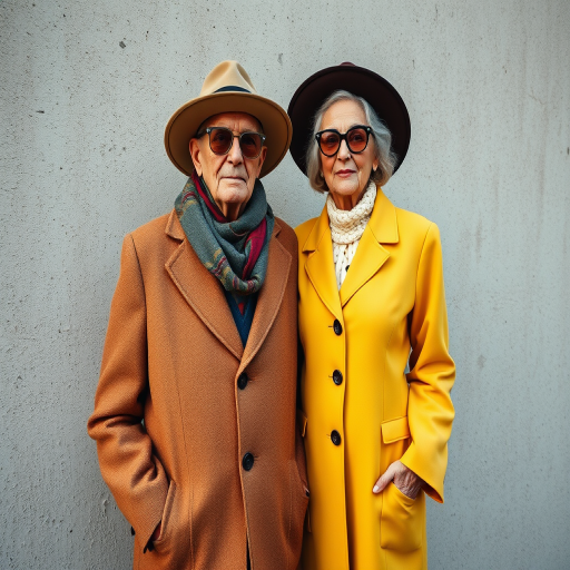 Create a fashion portrait of an elderly fashionable couple standing against a textured wall, using a 50mm lens, aperture f/1.8, ISO 100, low-angle shot, natural lighting, taken with a DSLR camera to enhance sharpness and detail.