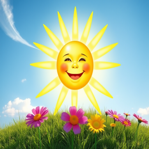 Create an image shows a bright, sun with a smiling baby's face in the center, radiating soft yellow rays. The sun is set against a clear blue sky with a few wispy clouds. Below, there's a lush green grassy hill with colorful, oversized flowers, giving the scene a whimsical, playful atmosphere.