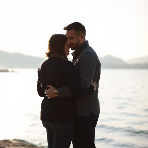 Capture a serene moment of a couple embracing near a tranquil body of water in soft natural light, using a 50mm lens, aperture f/1.8, shutter speed 1/200s, ISO 200, from a slightly low angle for a warm and intimate perspective, with a DSLR camera.