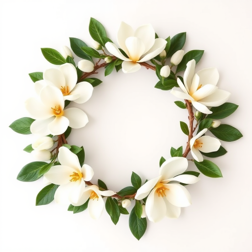 Create a floral wreath design featuring white magnolia flowers and greenery, with a soft white background, using a DSLR camera, f/2.8 aperture, 50mm lens, with a natural light setting for enhanced detail and clarity.