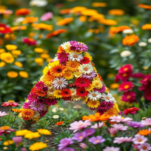Generate an image of the letter A made of colorful flowers in a vibrant garden scene with a soft focus background, using a DSLR camera at f/2.8 aperture, 50mm lens, ISO 100, with a slightly elevated angle for depth and a wide color range.