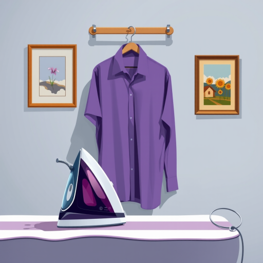 Generate a high-quality vector illustration of an iron on an ironing board with a purple shirt hanging on a rack, a framed art piece on the wall, use a DSLR camera with f/2.8 aperture, 50mm lens, 1/125 sec shutter speed, soft lighting to enhance colors and details.