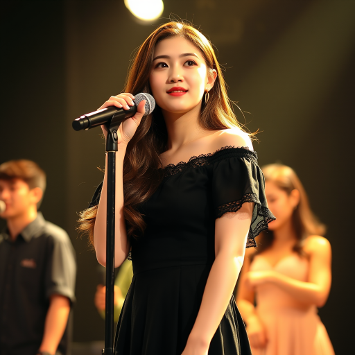 A young korean woman with long, flowing brown hair is standing in the center of the frame, holding a microphone in her right hand, and looking slightly off to the right side of the frame. She is wearing a black, off-the-shoulder dress with delicate lace detailing. The lighting is warm and dramatic, creating a spotlight effect on the singer. There are other figures in the background, blurred and out of focus, suggesting a concert or performance setting. The camera angle is low, capturing the woman from the waist up. The overall atmosphere is intimate and captivating.
