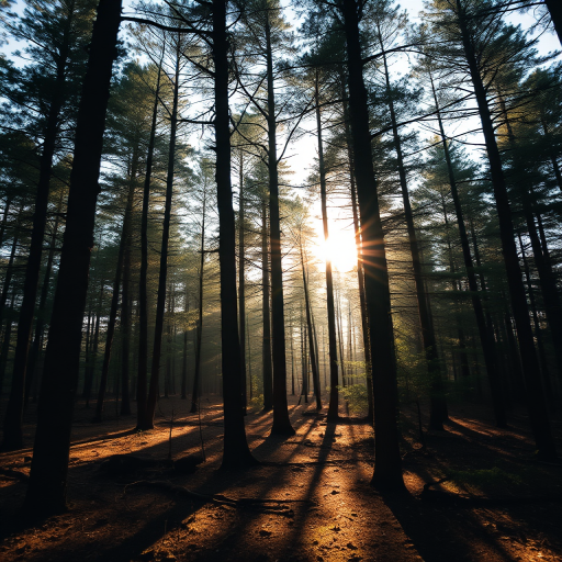A serene forest landscape with sunlight filtering through tall trees, capturing soft shadows on the ground, taken with a DSLR camera at f/4.0, ISO 100, shutter speed 1/200s, 35mm focal length, in a soft focus style to enhance the dreamy quality of the scene.