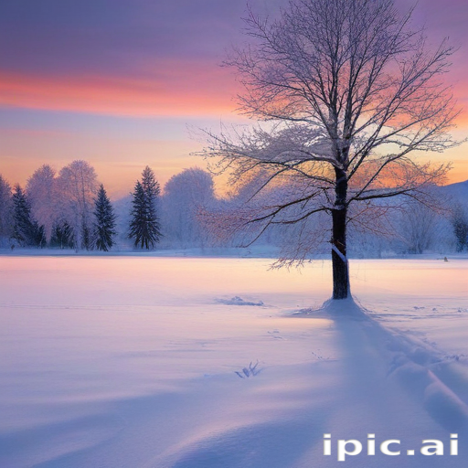 Serene Winter Landscape at Sunset with Snow-Covered Trees and Sky