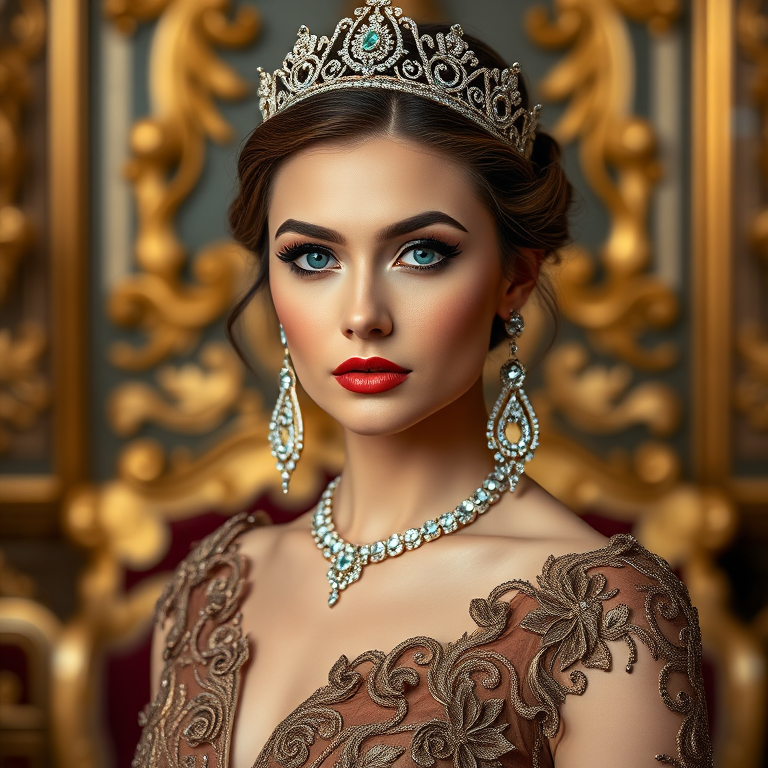 A gorgeous Kazakh woman in a luxurious brown gown, accessorized with a dazzling tiara and statement earrings, her deep blue eyes highlighted by impeccable makeup, poised in a royal setting, photorealistic, 8K quality