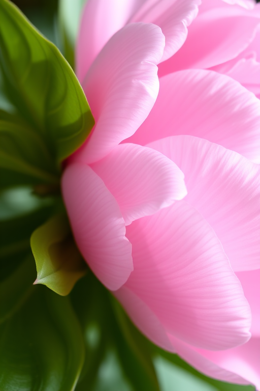 Close-up of a pink peony flower with green leaves, natural lighting, aperture f/2.8, shutter speed 1/250s, ISO 100, macro lens, DSLR camera, vibrant colors, sharp focus on petals.
