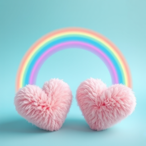 Create a vibrant image of a pastel rainbow arching over two fluffy pink hearts, shot with a Canon EOS R5 at f/2.8, ISO 100, 50mm lens, in soft natural light for enhanced color saturation and clarity.