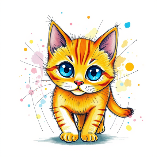 A vibrant childs coloured pencil drawn illustration of a bright orange cat with large, expressive blue eyes, a very cute style. The cat appears to be walking towards the viewer, surrounded by an abstract splash of colors and fine black lines, giving the image a dynamic and artistic flair. The background is a soft beige, highlighting the cat's vivid coloration and playful demeanor. Naively drawn scratchy line style.