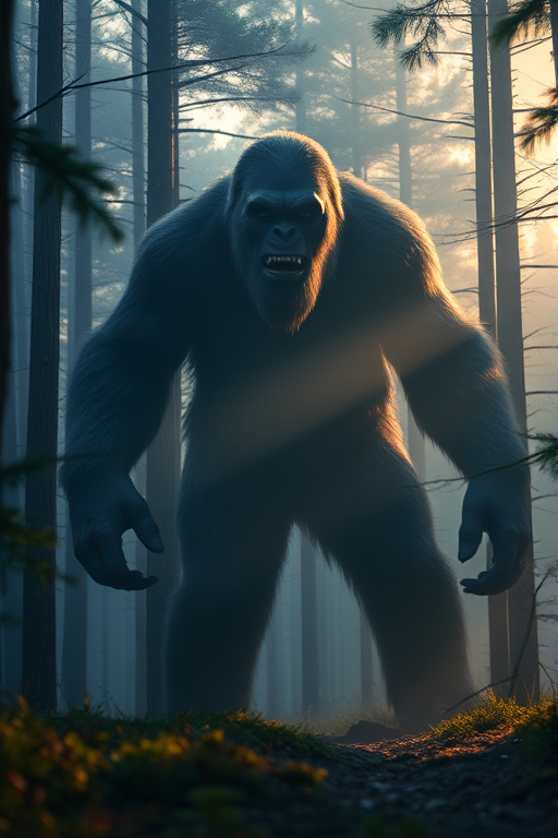 Create an image of a large, menacing mythical creature resembling Bigfoot in a dense, misty forest during early morning light, captured with a Canon EOS R5 at 24mm, f/2.8 aperture, ISO 100, using a shallow depth of field for background blur, in a high-definition, realistic illustration style.