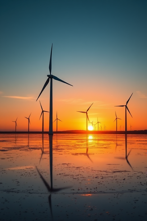 landscape of wind turbines at sunset over a tidal flat with reflections in the water, ISO 100, aperture f/11, shutter speed 1/125 sec, 24mm lens, wide-angle view, taken with a DSLR camera, high dynamic range for enhanced colors