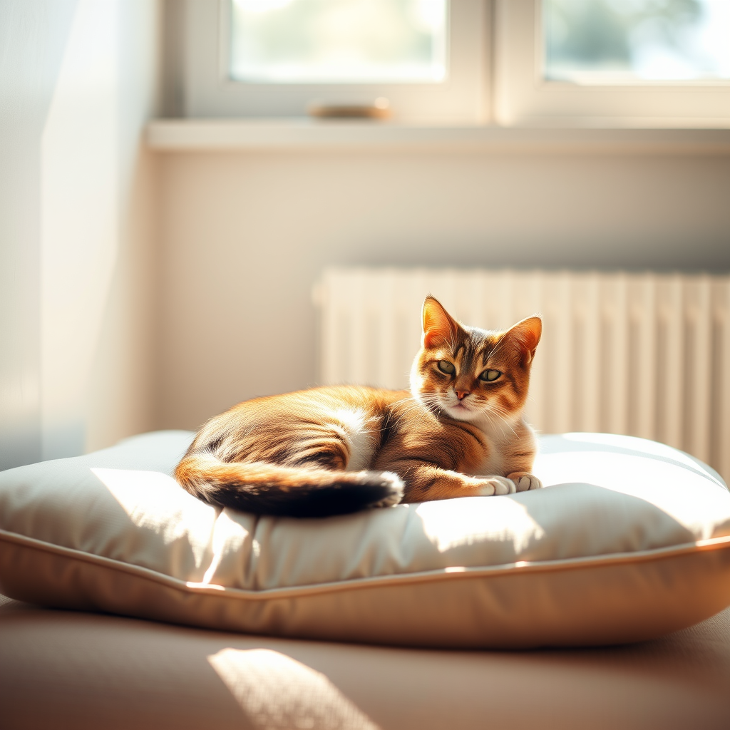 Create an image of a stylized cat lounging on a soft cushion in a sunlit room, using a DSLR camera with a 50mm lens, aperture set to f/1.8 for a shallow depth of field, ISO 200, and a natural light setting to enhance warmth and detail.