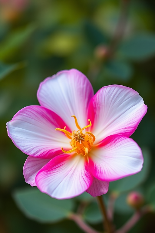 high-resolution macro photograph of a pink and white desert rose flower with blurred green background, f/2.8 aperture, ISO 100, 50mm lens, soft natural lighting, DSLR camera