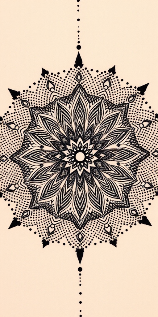 Dotwork mandala tattoo named "Cosmic Harmony" featuring an intricately detailed circular design composed of thousands of tiny dots radiating outward from a central point creating mesmerizing patterns and sacred geometry motifs with gradual fading effects and negative space incorporated to enhance the overall depth and dimension of the piece